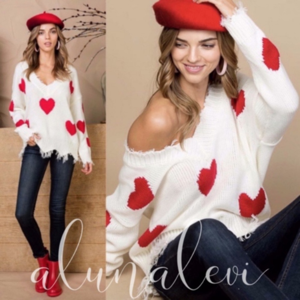 Cozy Red Heart Frayed V neck Sweater Top - Picture 1 of 3